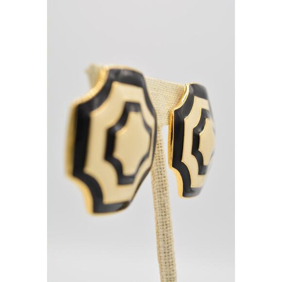 Fernando Vintage Clip Earrings Black White Enamel Gold Chunky FO Signed 80s Bin8 - Picture 5 of 12